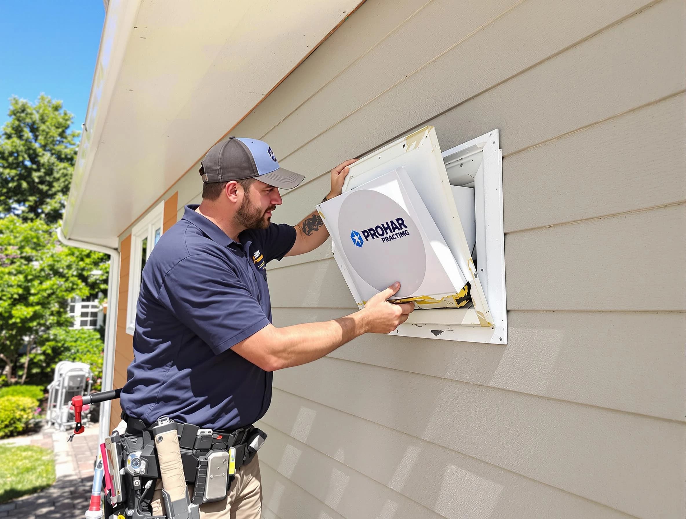 Heron Bay Dryer Vent Cleaning technician installing a new protective dryer vent cover on a home in Heron Bay